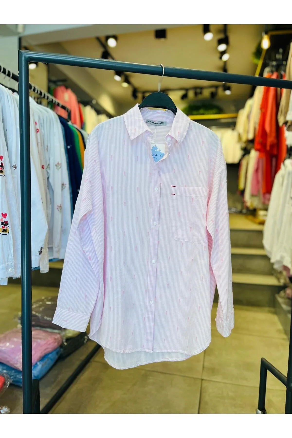 Çizgili Jakarlı %100 pamuk Oversize Gömlek
