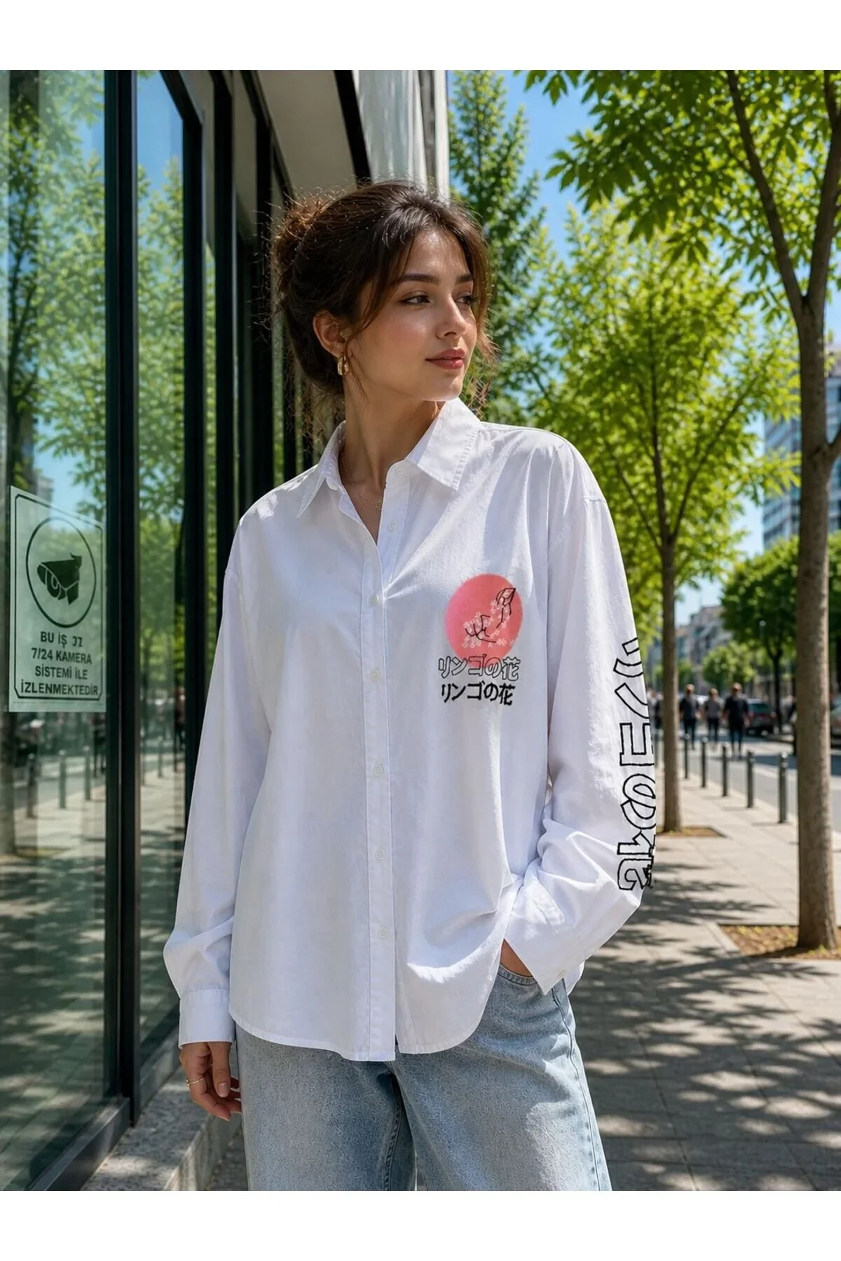 Wwomen nakışlı beyaz Uzunkol gömlek