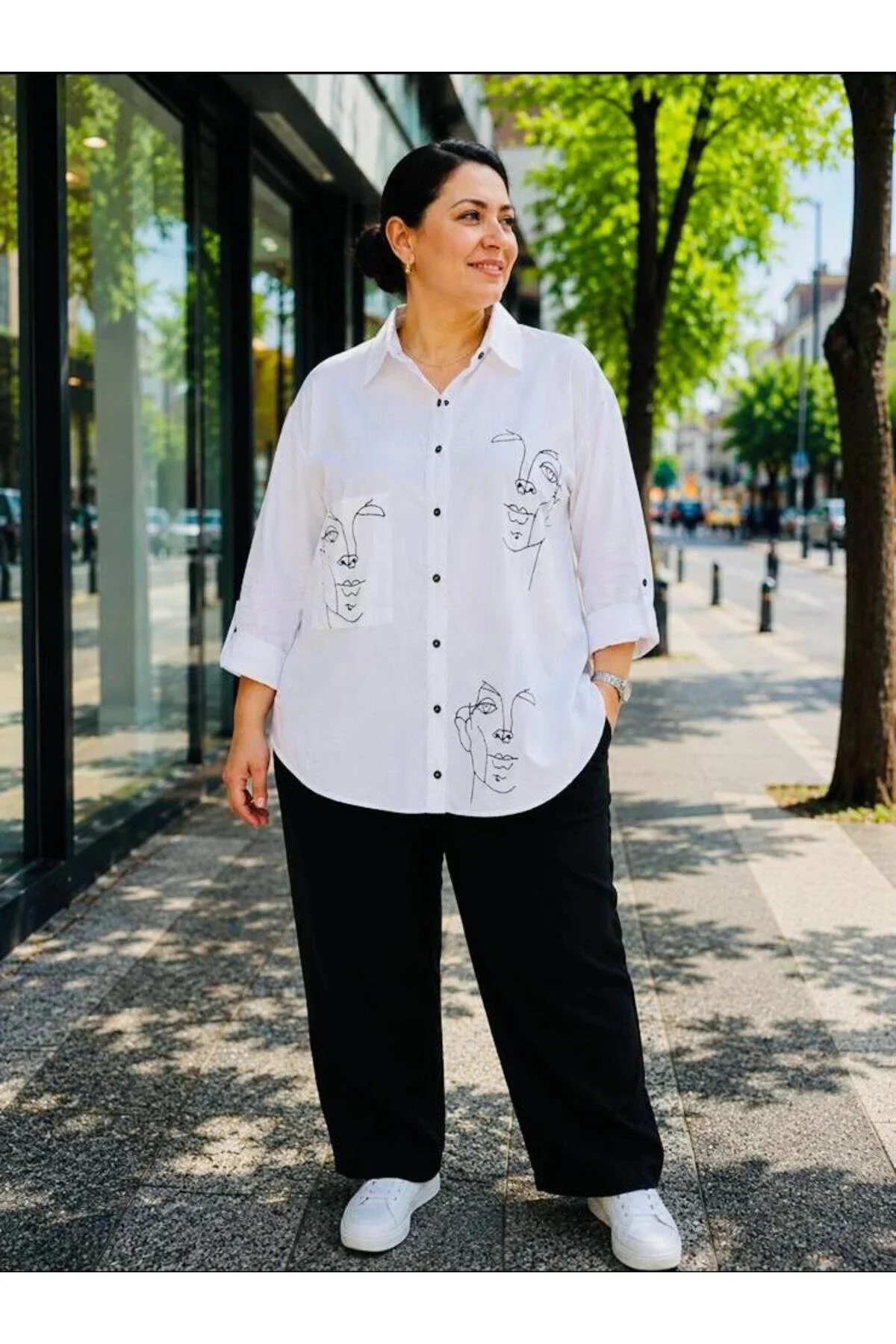 Wwomen Yüz Nakış İşlemeli Büyük Beden Gömlek